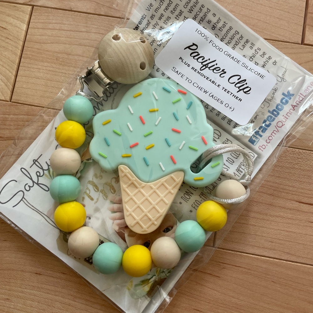Silicone pacifier clip with chewable ice cream toy